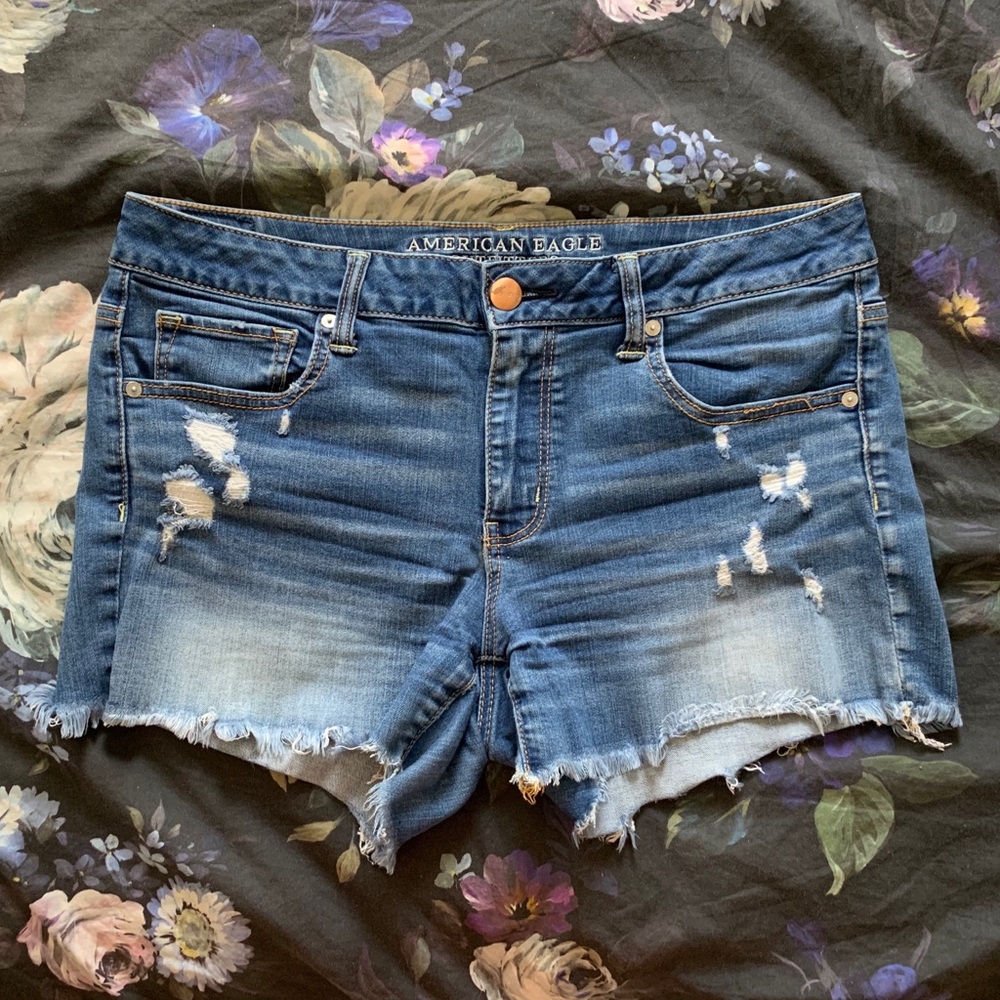 American Eagle Distressed Midi Denim Shorts (14)